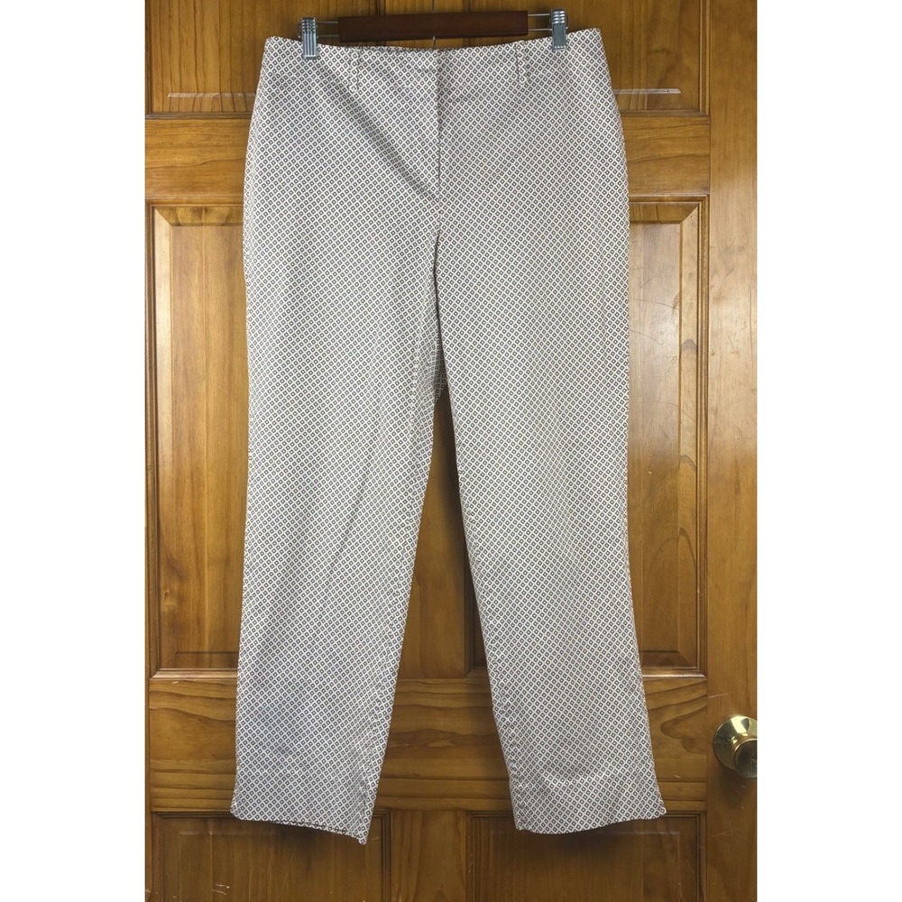 Talbots Womens 12 Brown Tan Geometric Cotton Stretch Straight Leg Pants Academia